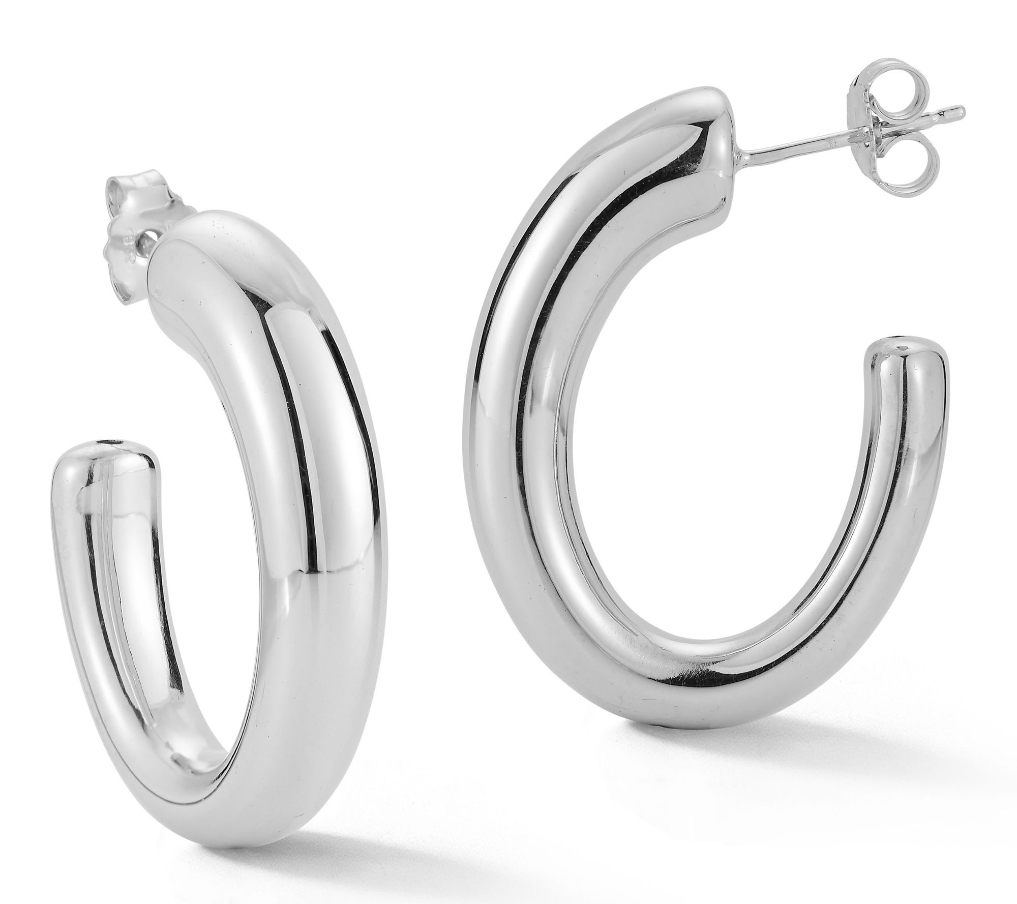 Italian Silver Polished Round Hoop Earrings, Sterling