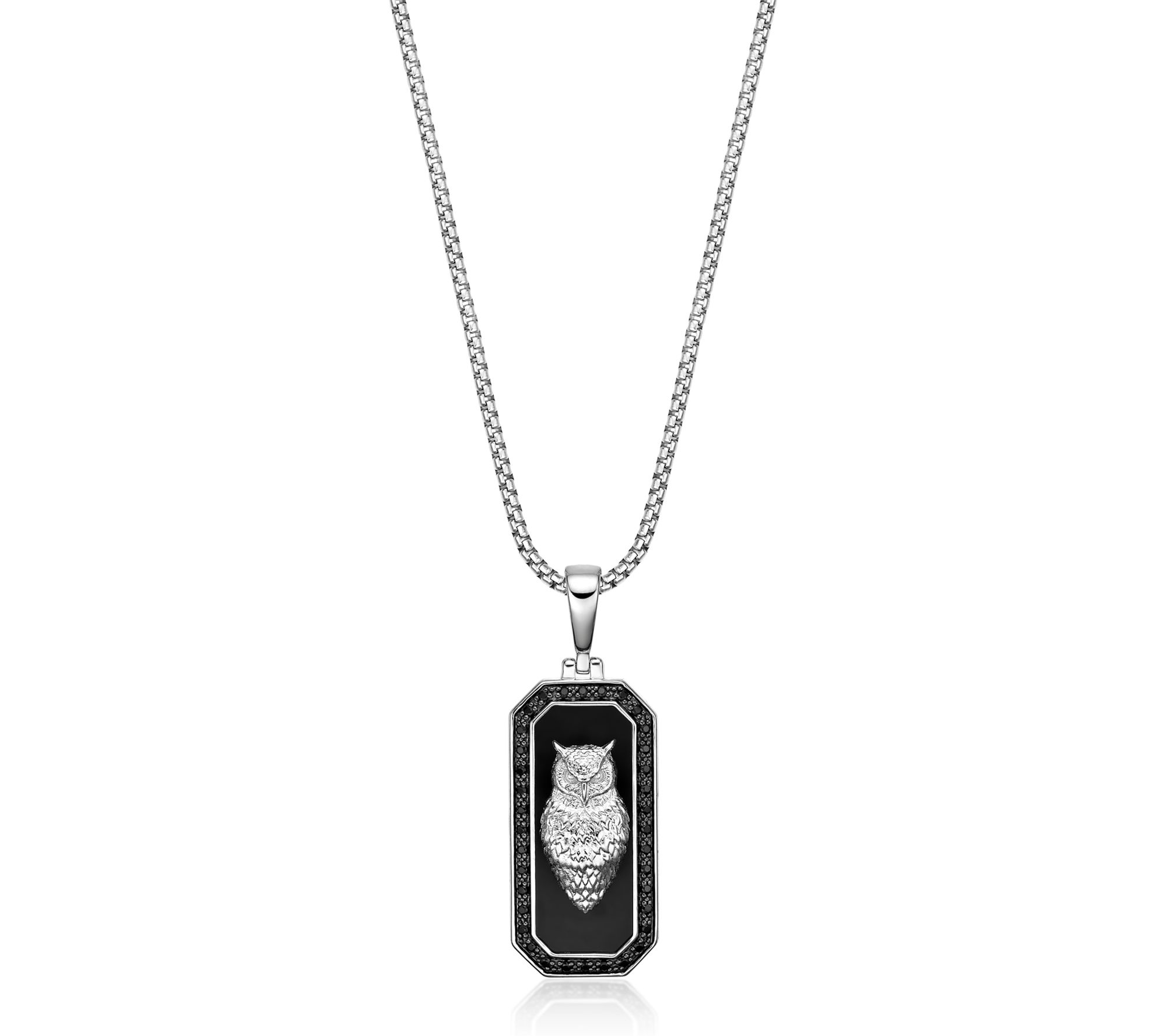 LYNX Men's Black Diamond & Onyx Owl Pendant w/Chain, Sterling