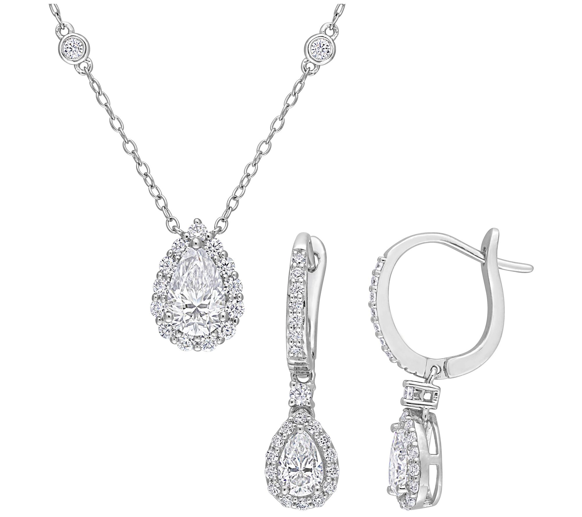 MoissanIce Moissanite Halo Earrings & Necklac eSet, Sterling