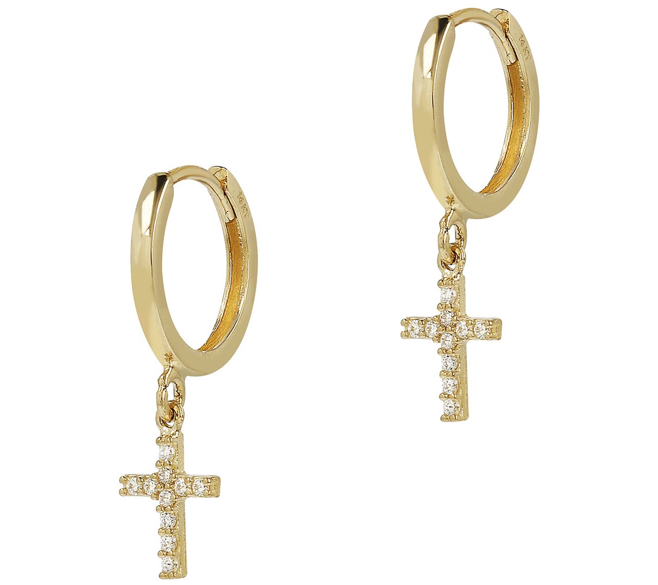 Diamonique Polished Hoop Earrings with Cross Dangle, 14K Gold