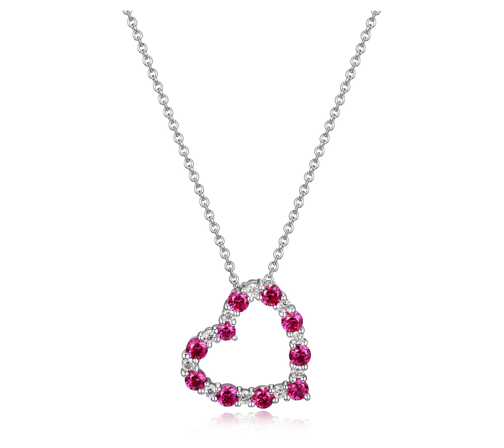 LuxLab Grown Ruby & Diamond Heart Necklace, Sterling Silver