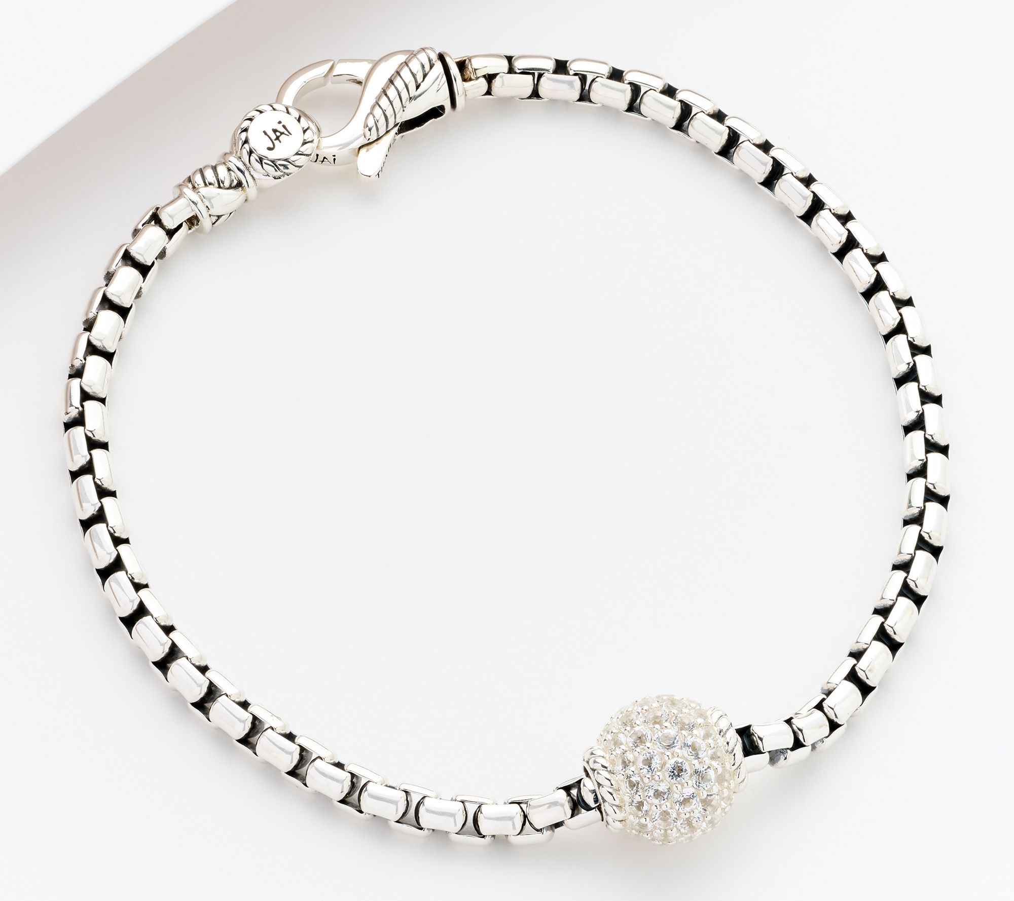 JAI Sterling Silver 3.7mm Box Chain Pave Bead Bracelet