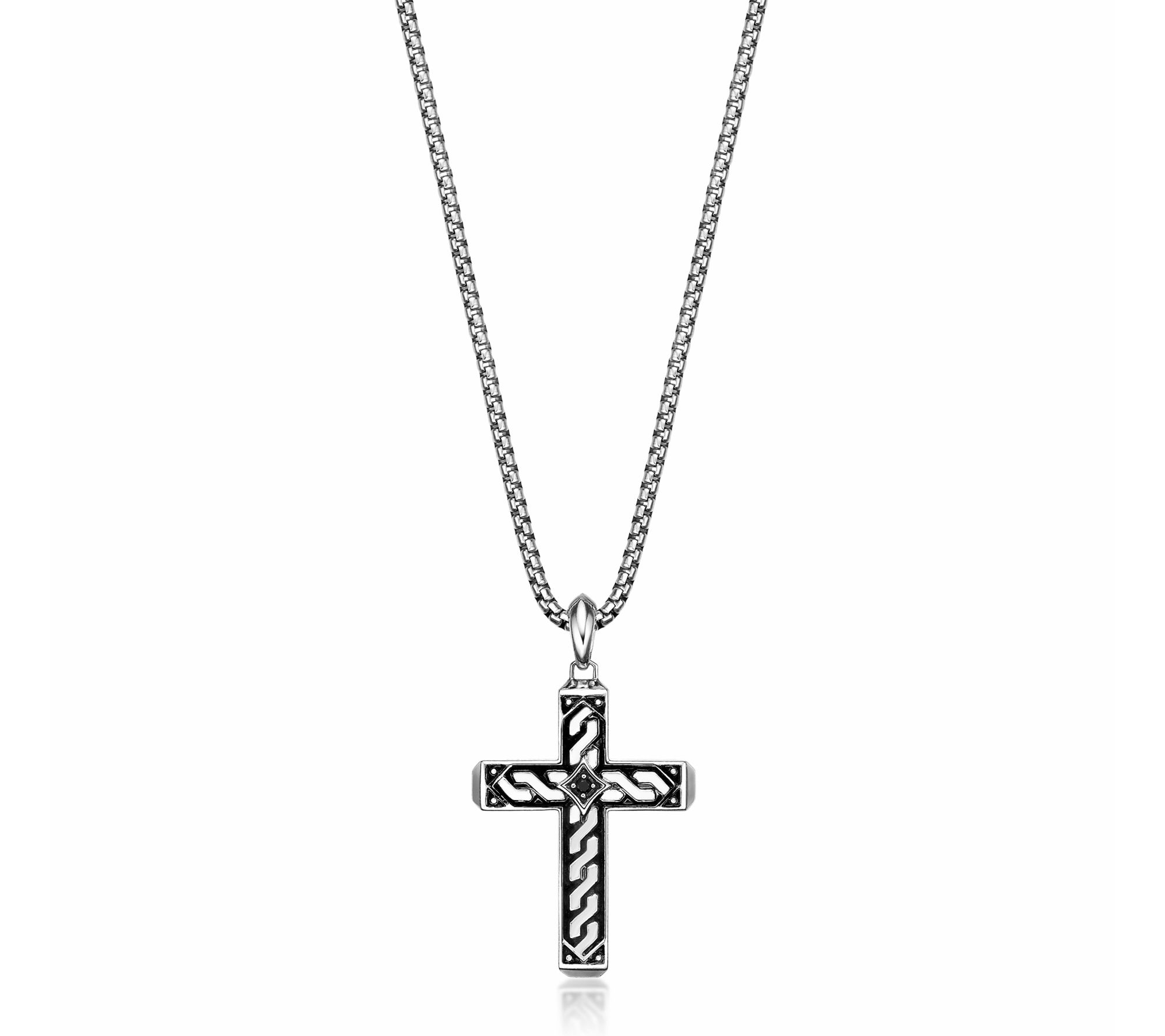 LYNX Men's Sterling Silver Black Spinel Cross Pendant w/ Chain