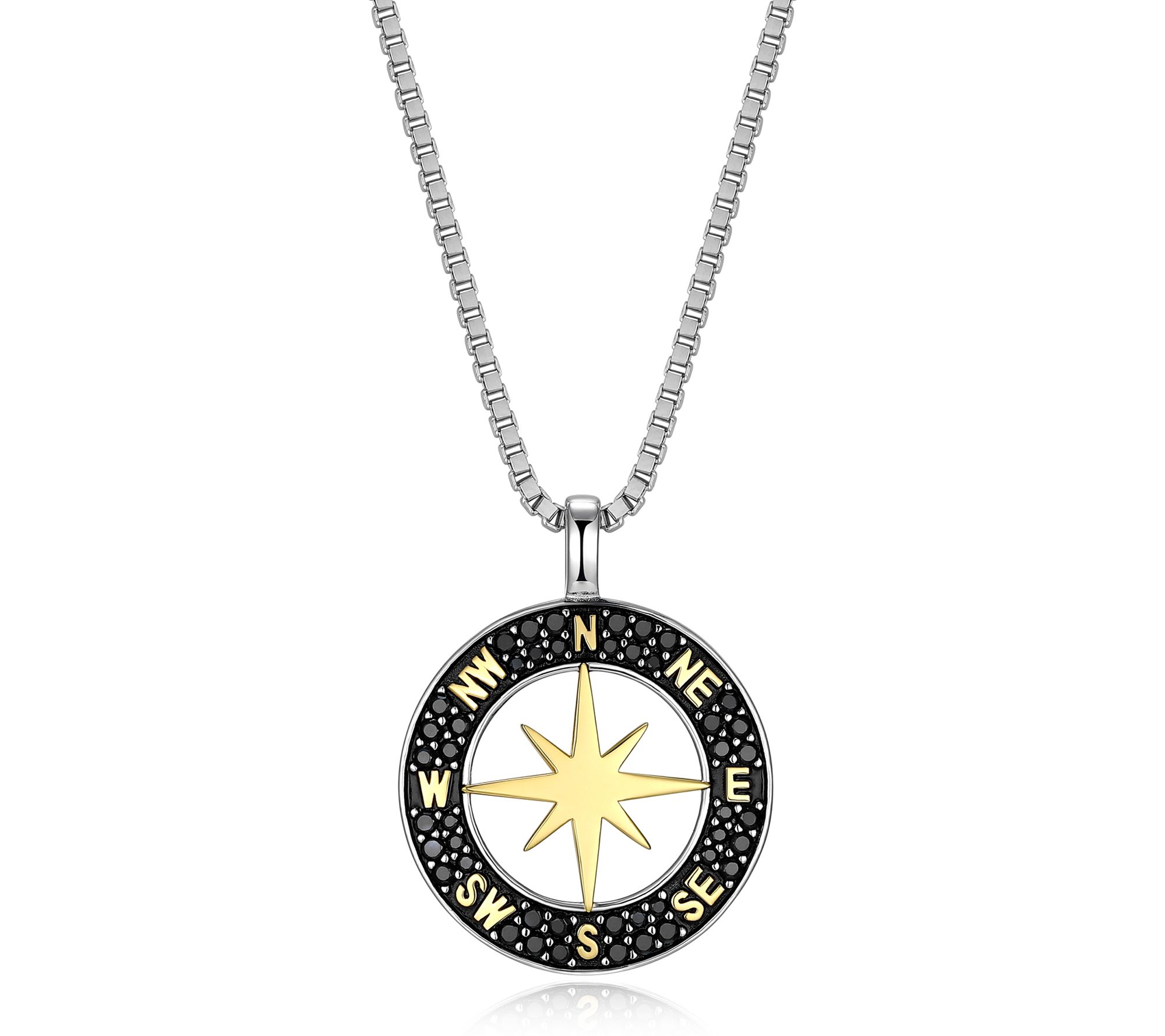 Men's Two-Tone Compass Pendant w/Chain, Sterling Silver