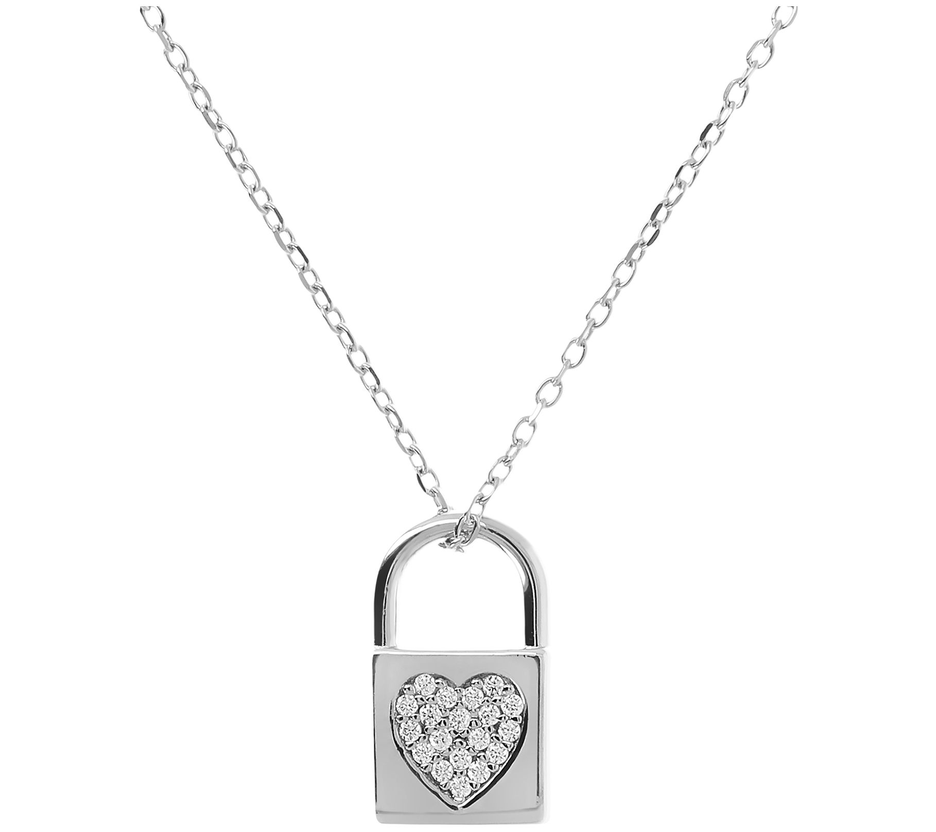 Diamonique Heart Lock Pendant w/ 18" Chain, Sterling Silver