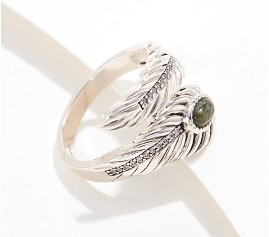 Connemara Marble Diamonique Sterling Silver Feather Ring
