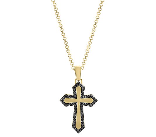 Men's Black Diamond Cross Pendant w/ Chain, 14K Gold Plated