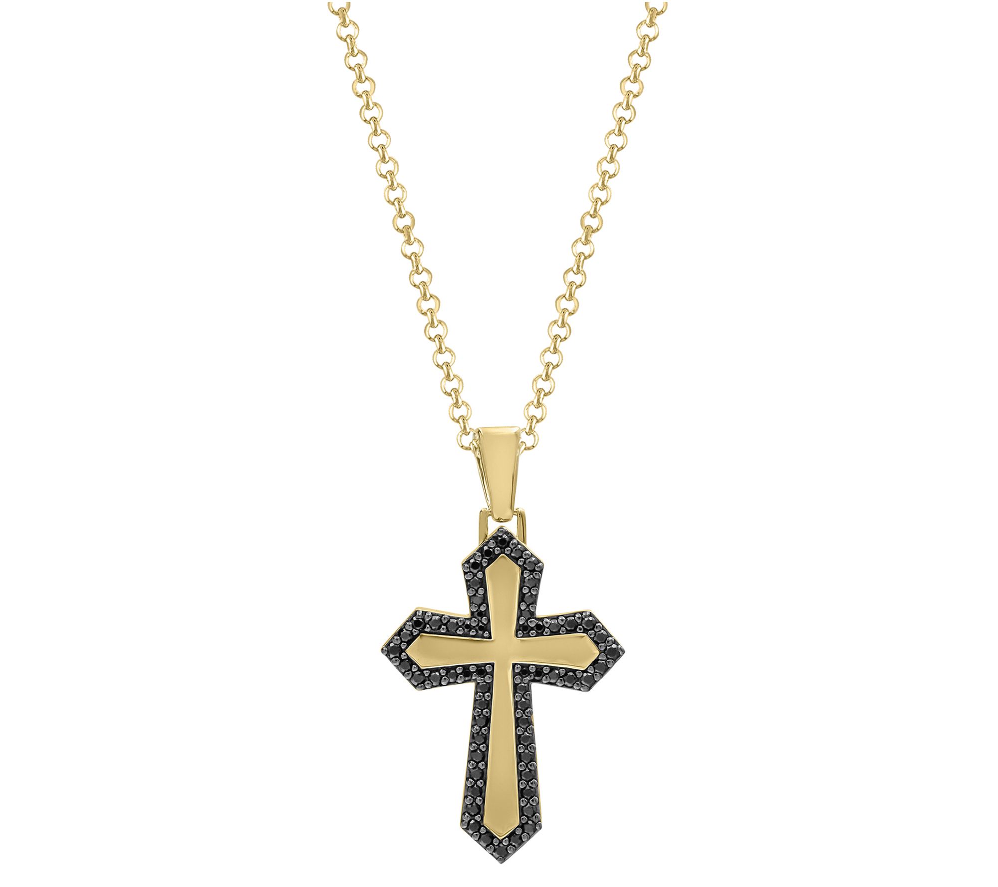 Men's Black Diamond Cross Pendant w/ Chain, 14KGold Plated