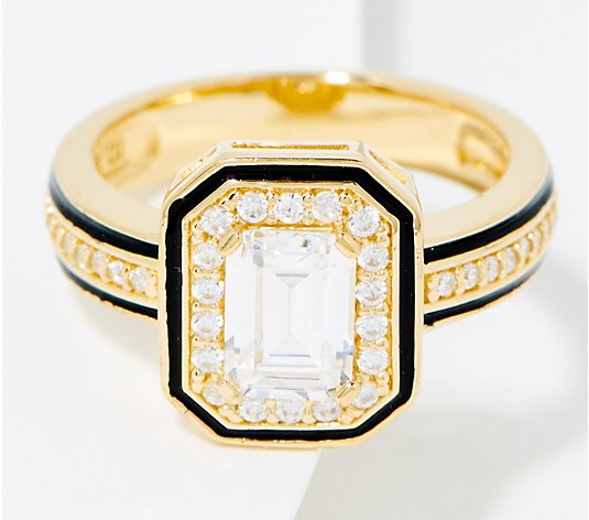 Diamonique Emerald-Cut Engagment Ring w/ Black Enamel Sterling Silver