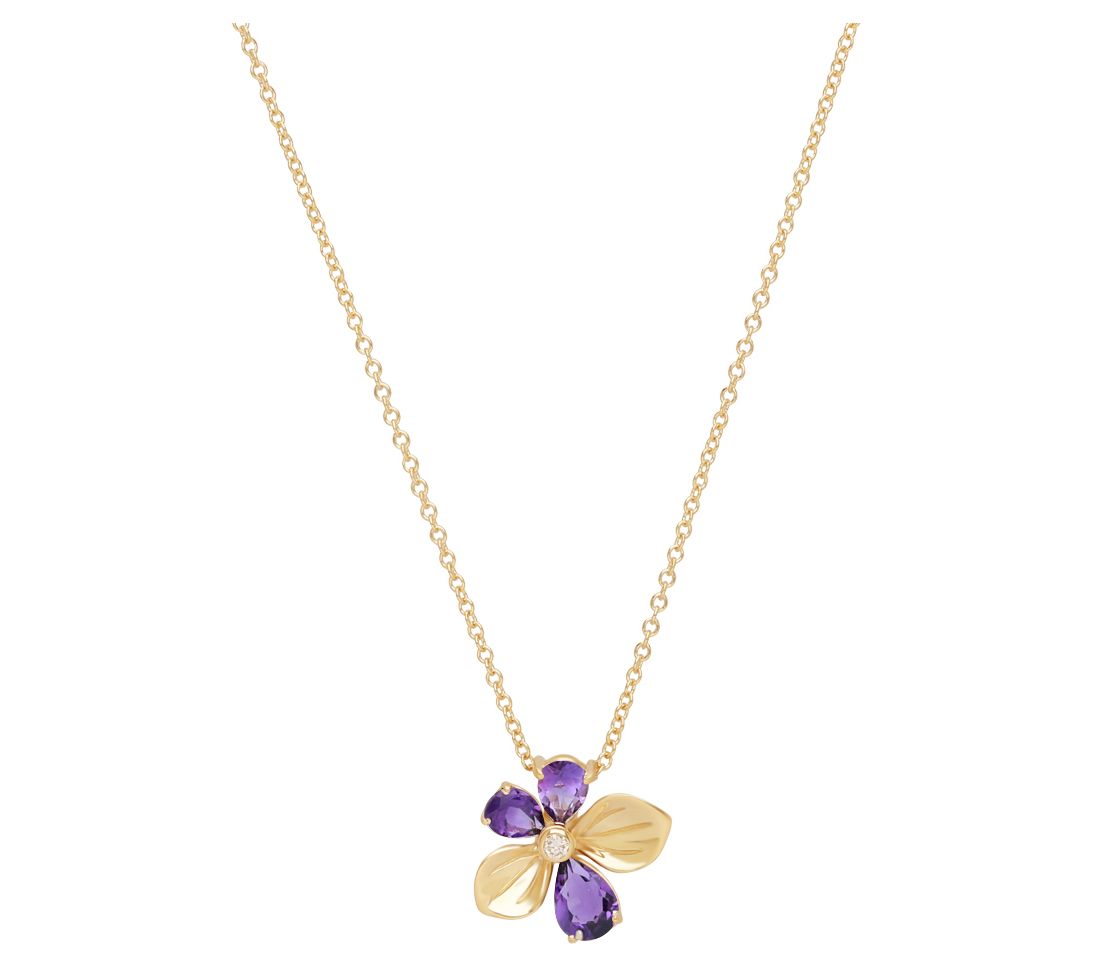 Ariva 14K Gold Amethyst & Diamond Pendant w/ Ch ain
