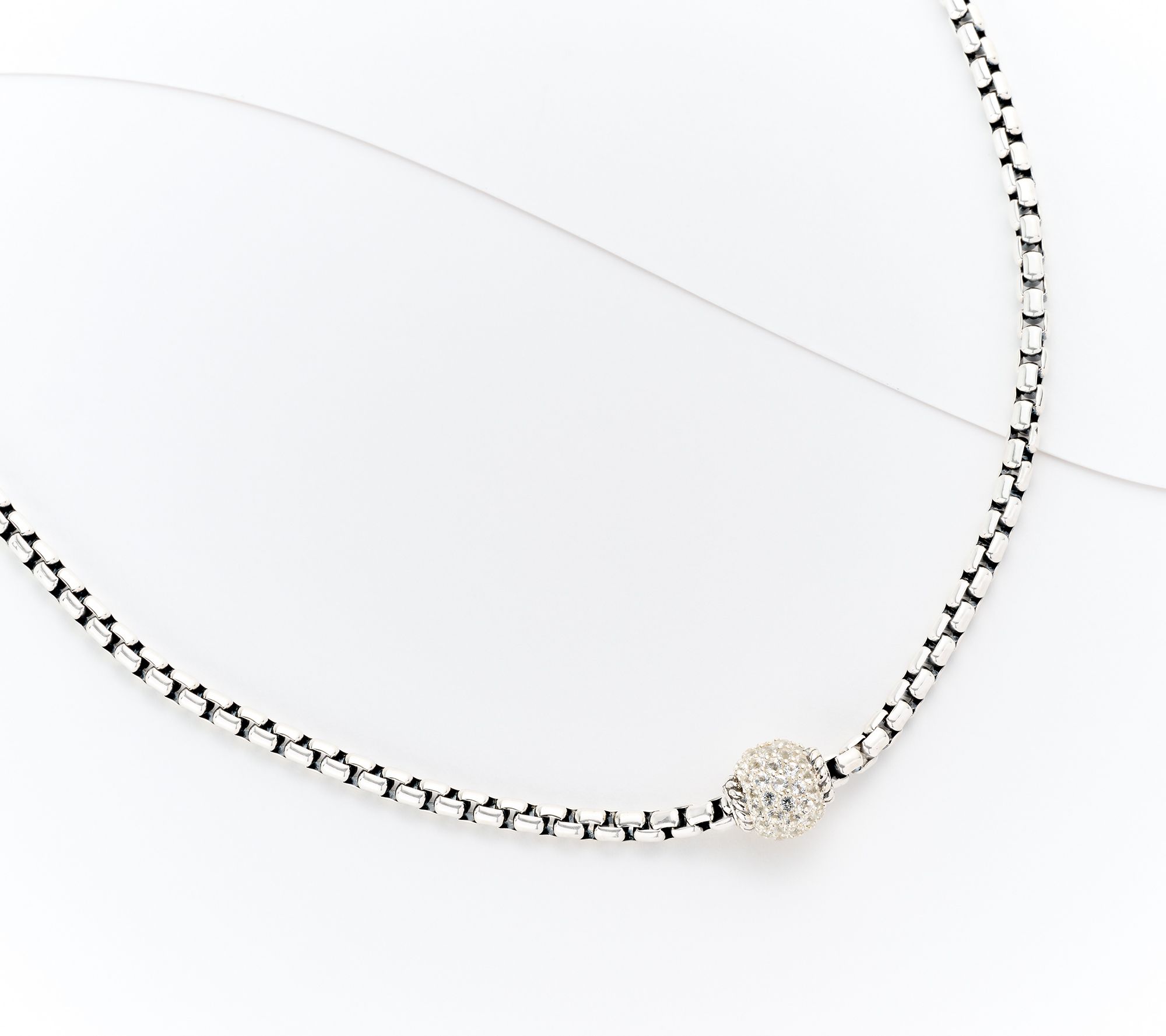JAI Sterling Silver 3.7mm Box Chain Pave Bead Necklace