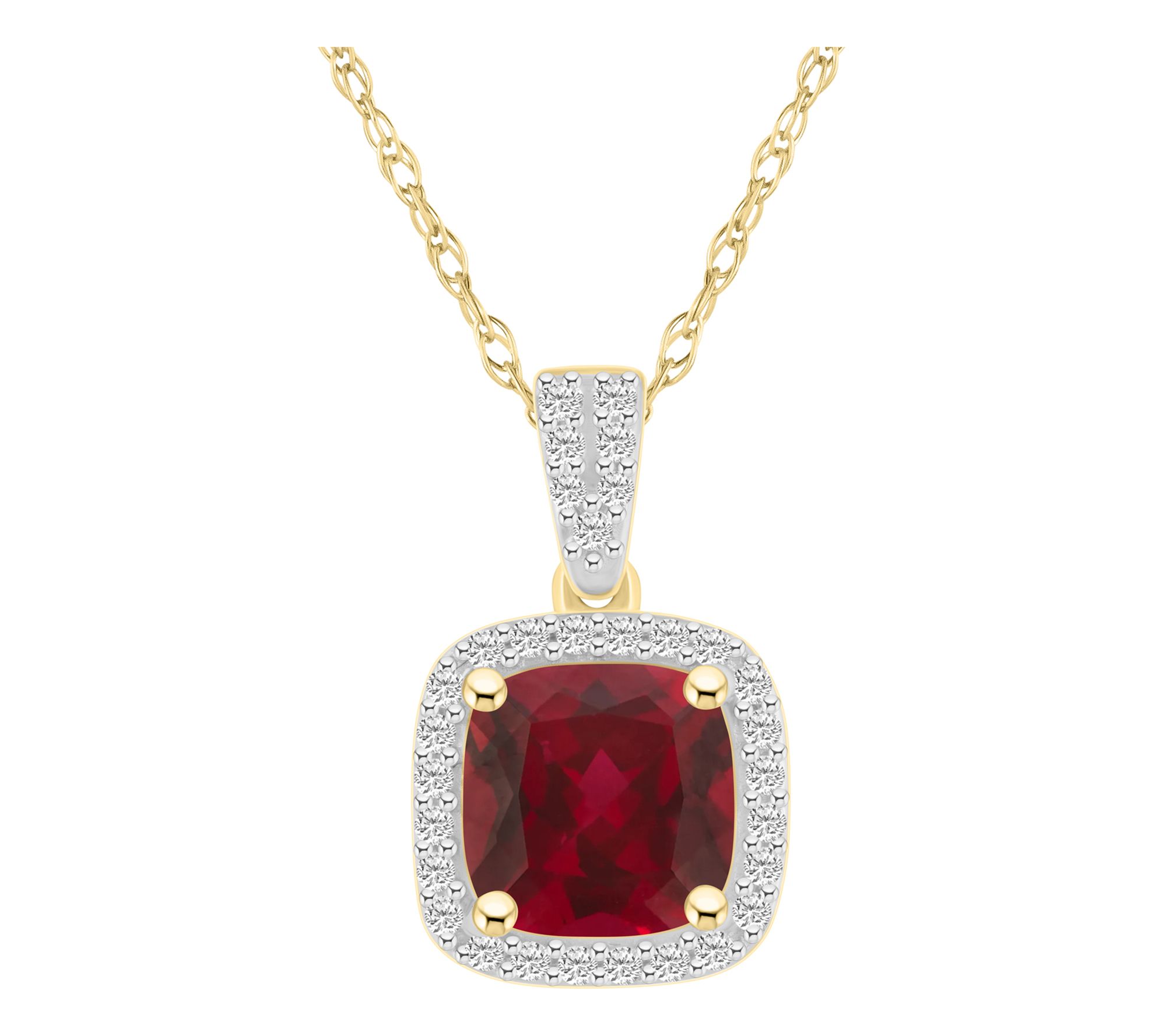 Affinity Gems Cushion Created Gemstone Halo Necklace, 10K Gold