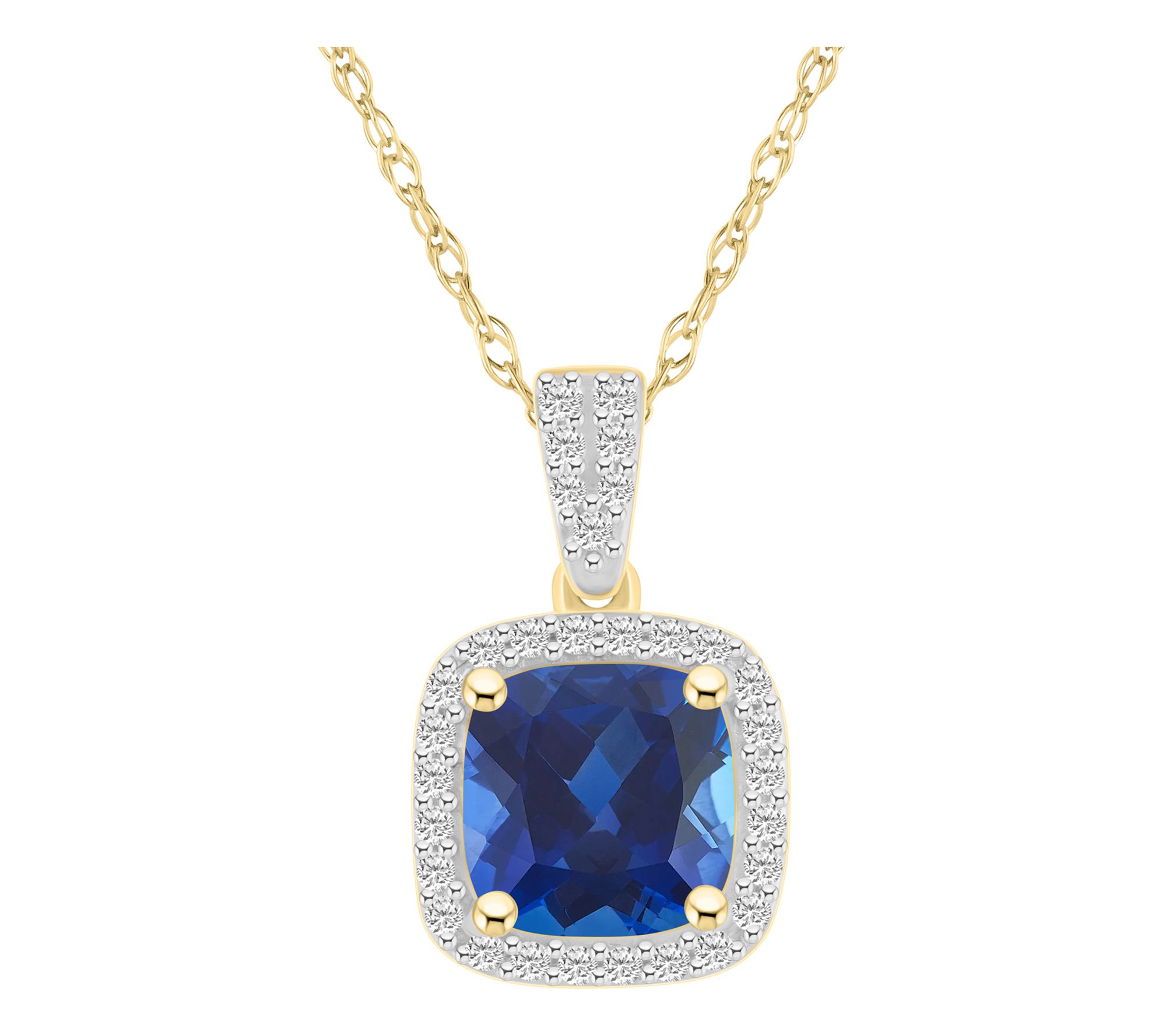 Affinity Gems Cushion Created Gemstone Halo Necklace, 10K Gold