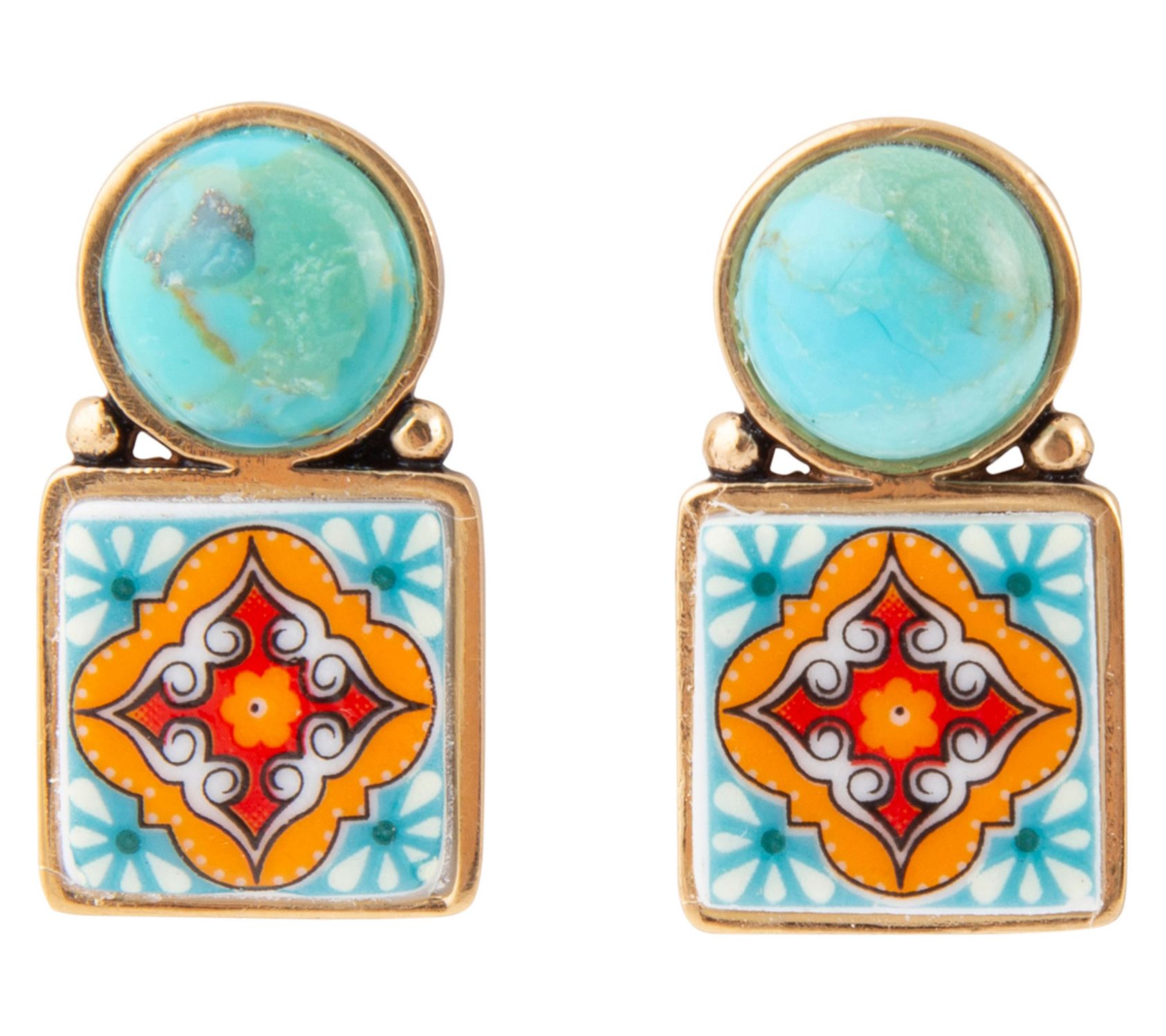Barse Artisan Crafted Golden Blue Turquoise Tile Stud Earrings
