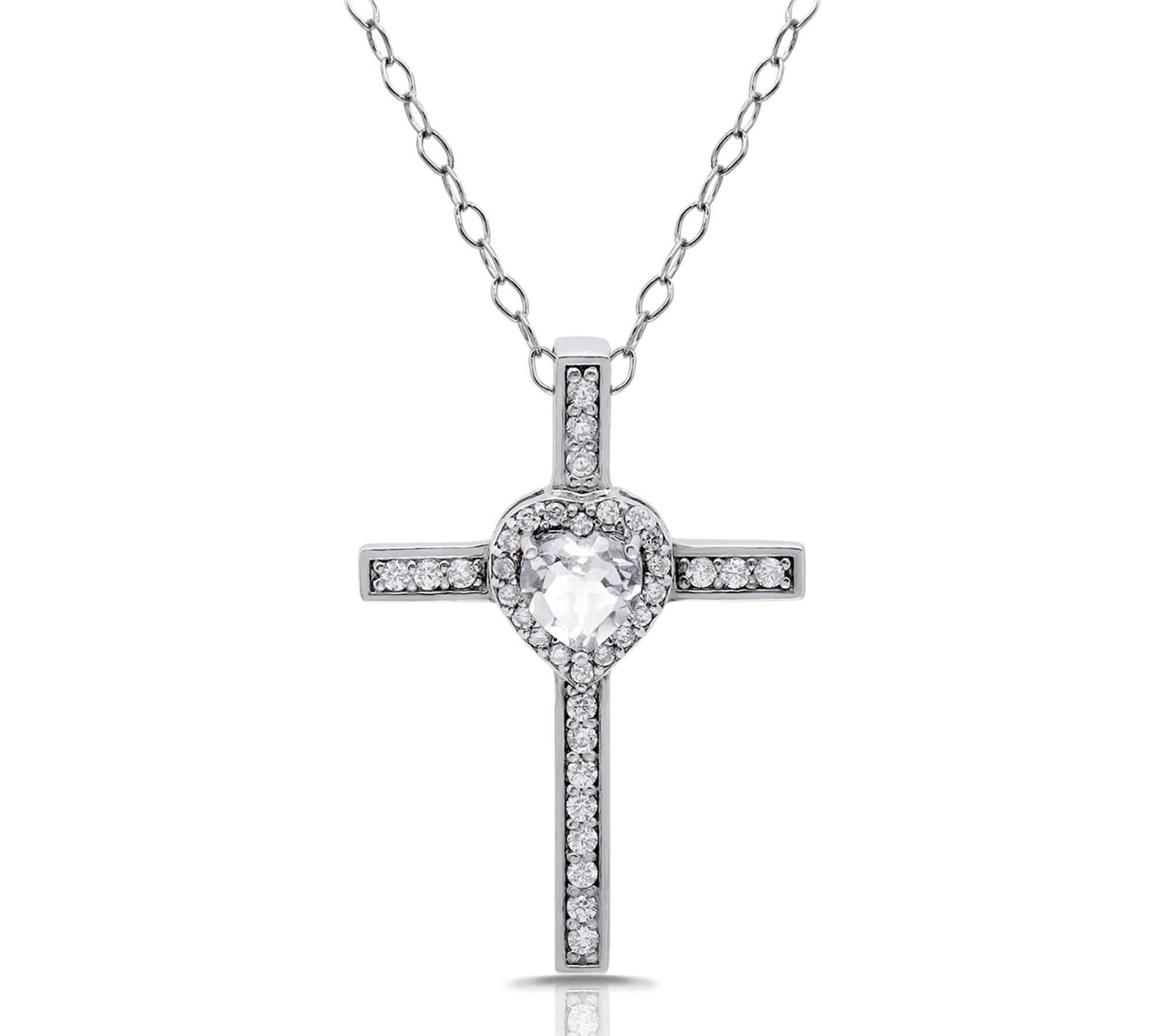 Diamonique Heart Cross Pendant w/ Chain, Sterling Silver
