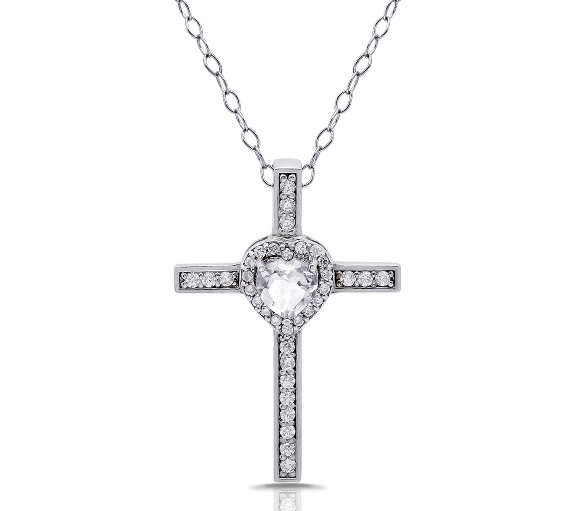Diamonique Heart Cross Pendant w/ Chain, Sterling Silver