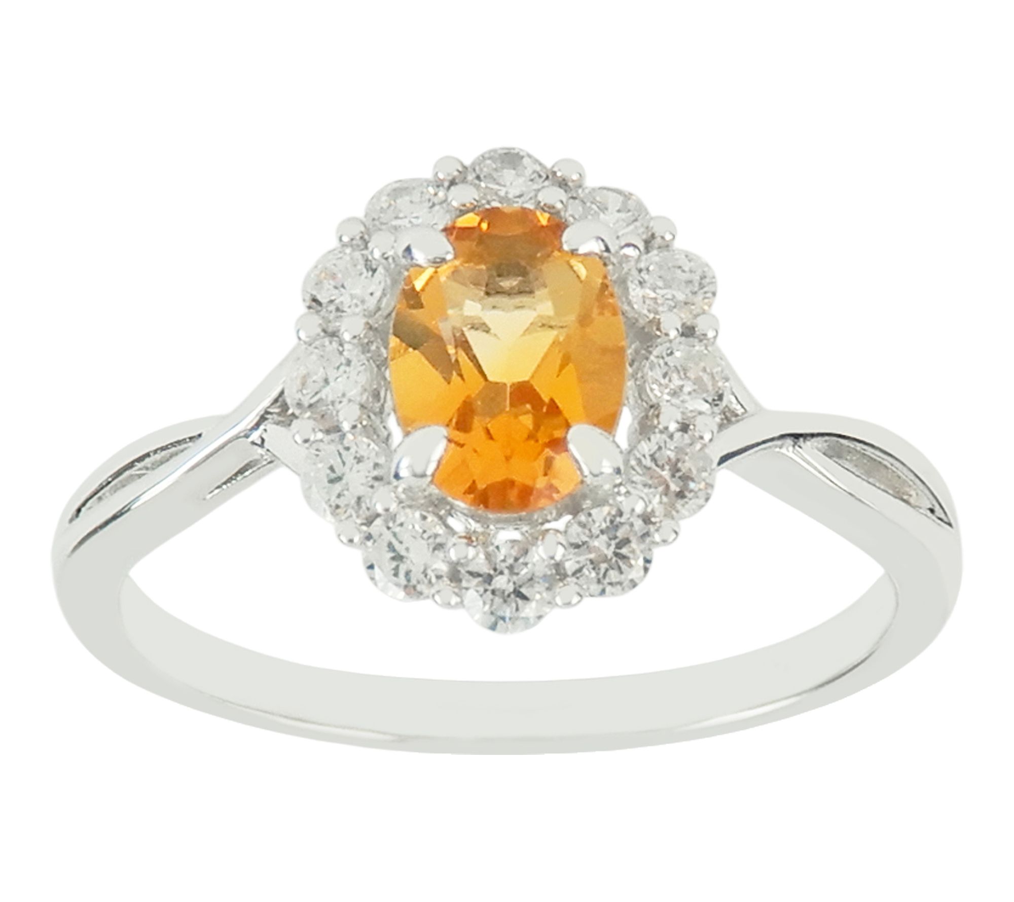Diamonique & Citrine Oval Cut Halo Ring, Sterling Silver