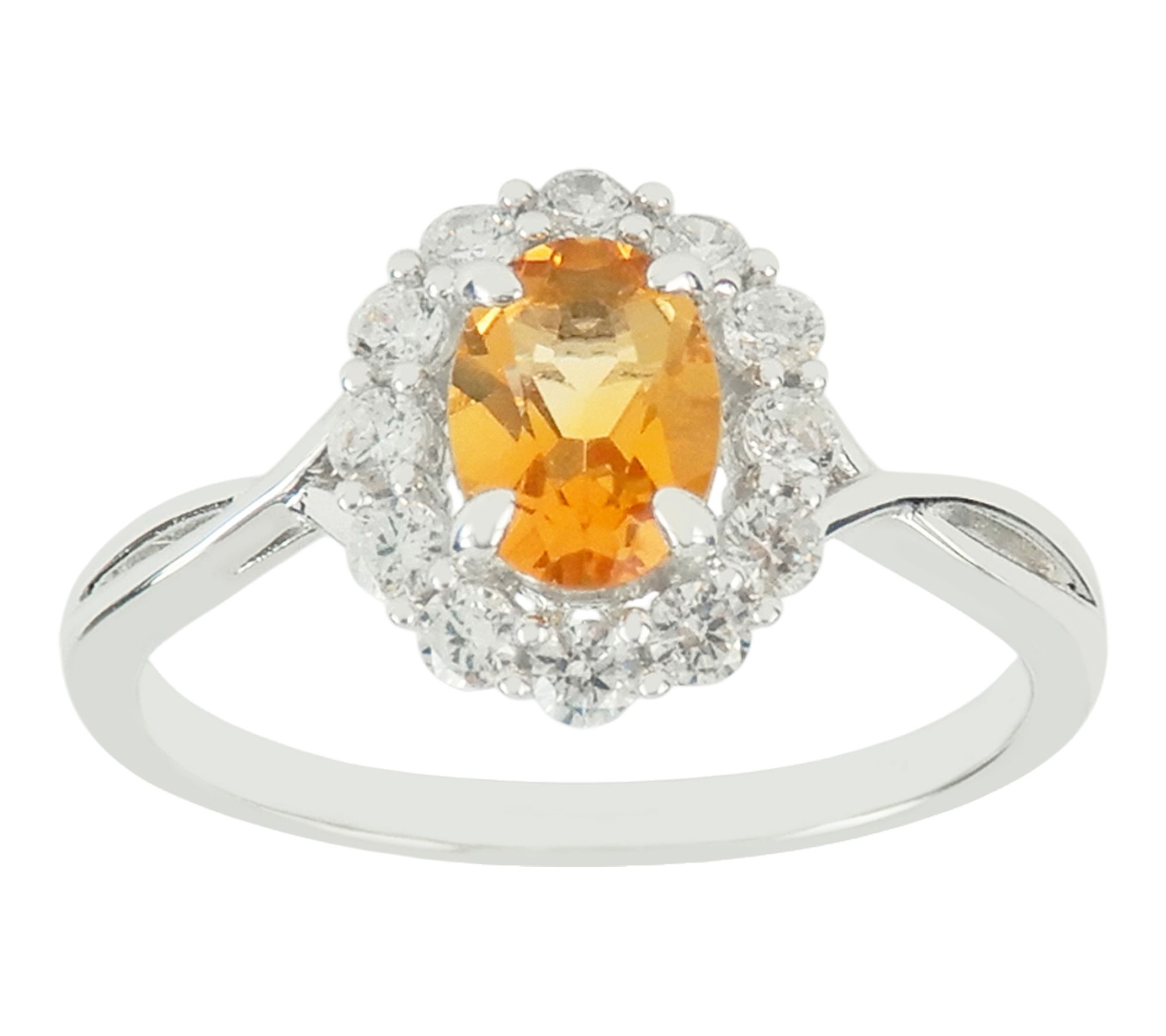Diamonique & Citrine Oval Cut Halo Ring, Sterling Silver