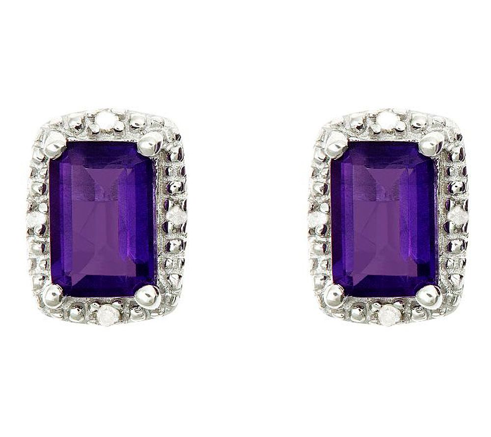 Sterling Emerald-Cut Stud Earrings with DiamondAccent