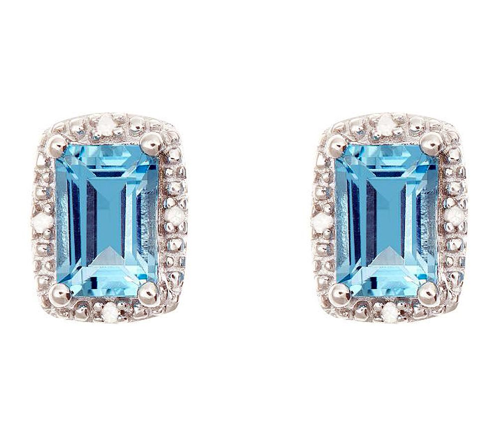Sterling Emerald-Cut Stud Earrings with DiamondAccent