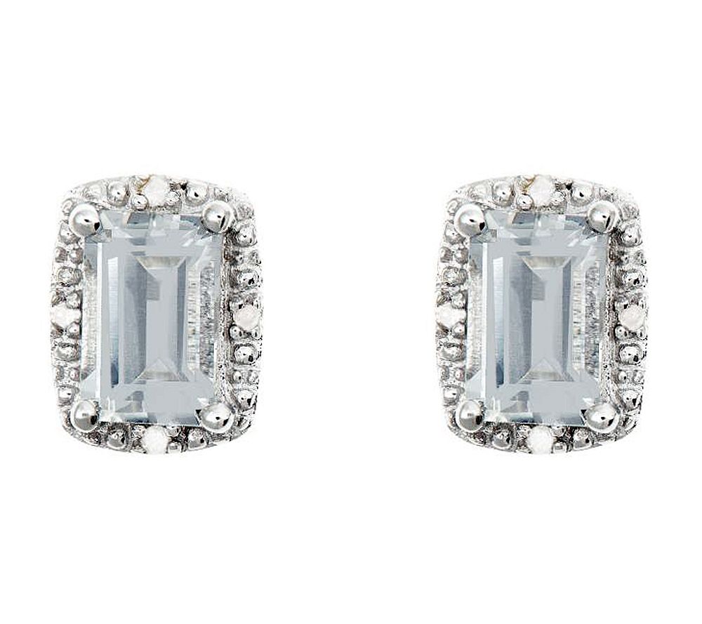Sterling Emerald-Cut Stud Earrings with DiamondAccent