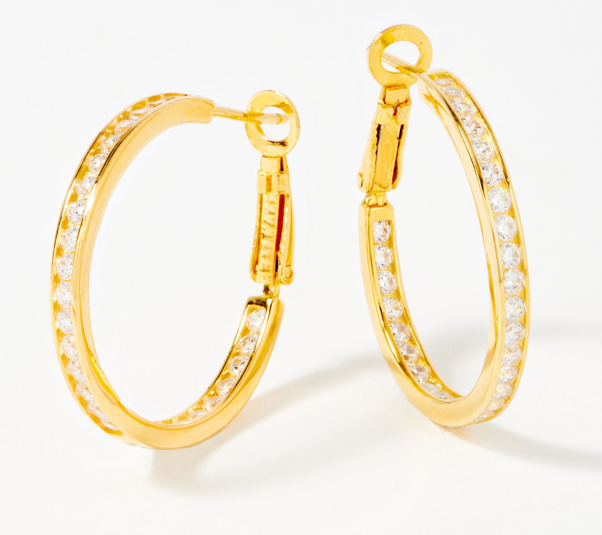 Diamonique 1" Round Cut Channel Set Hoops, Sterling Silver