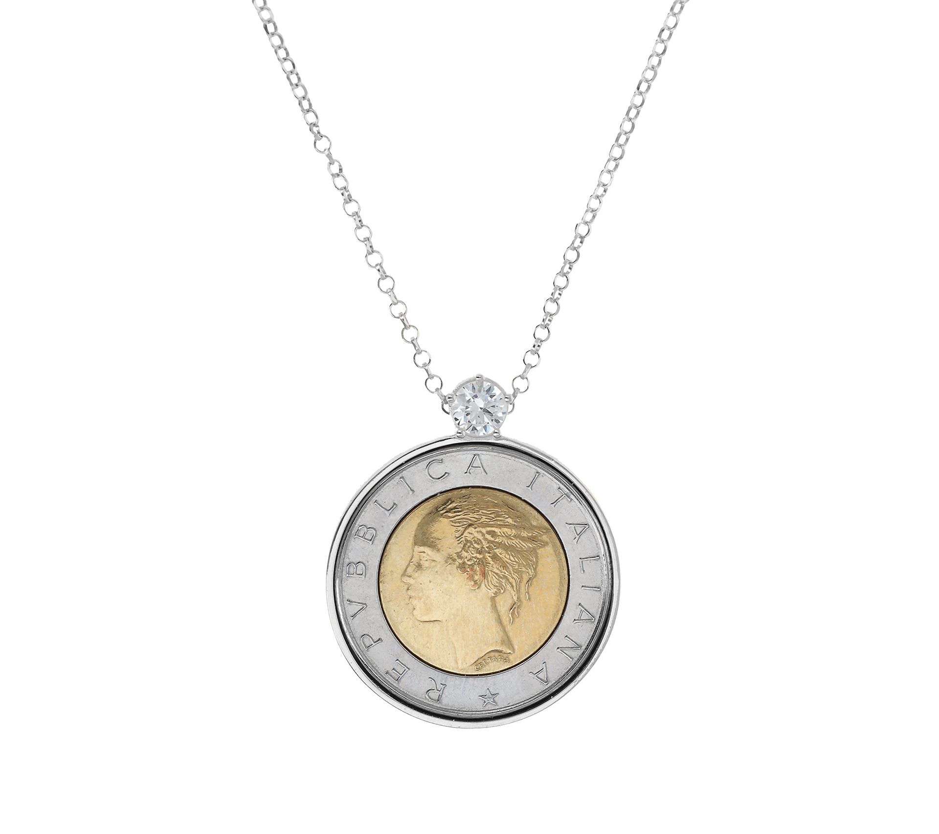 Diamonique Italia 500 Lire Coin Pendant w/ Chai n, Sterling