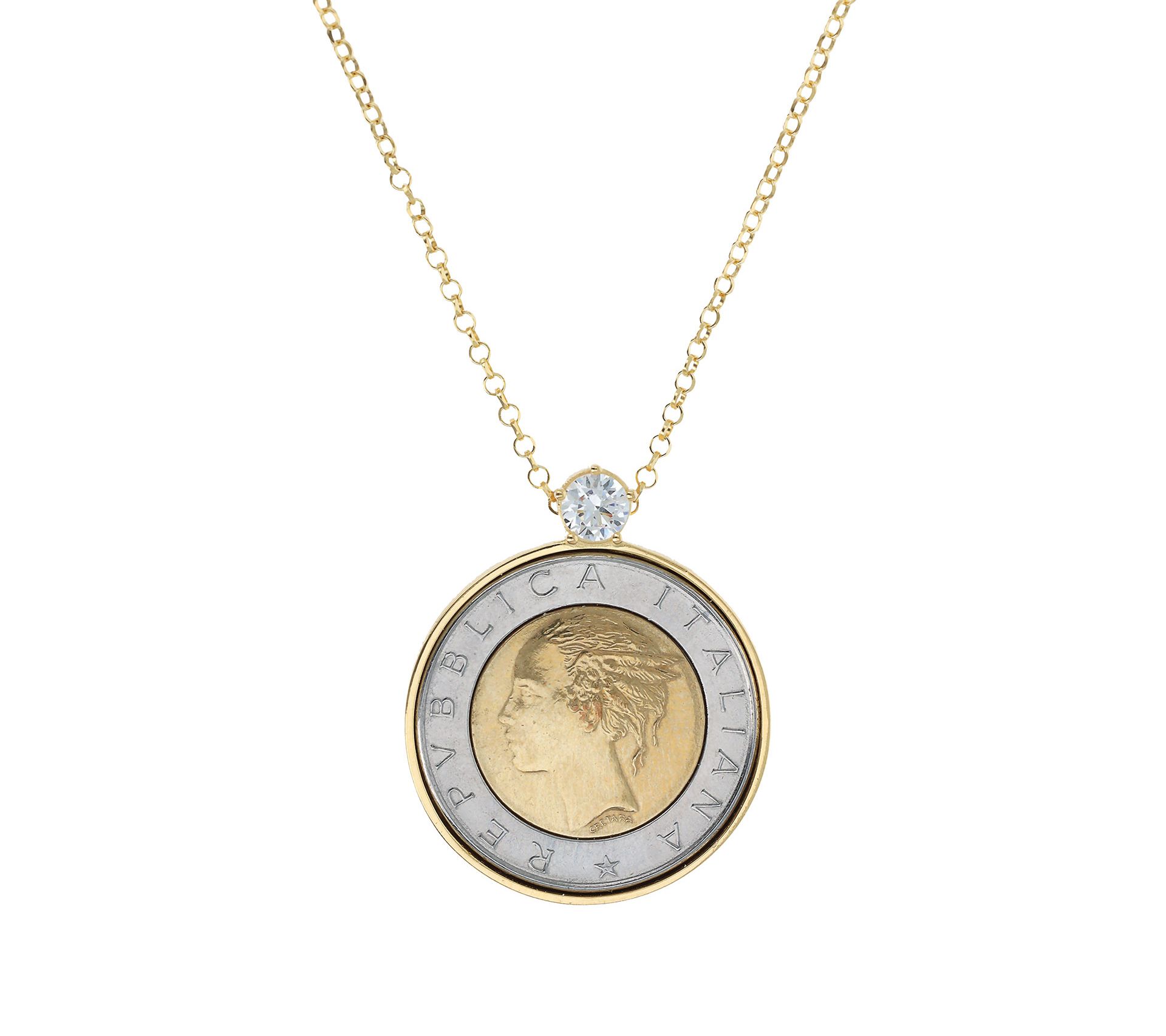 Diamonique Italia 500 Lire Coin Pendant w/ Chain, Sterling