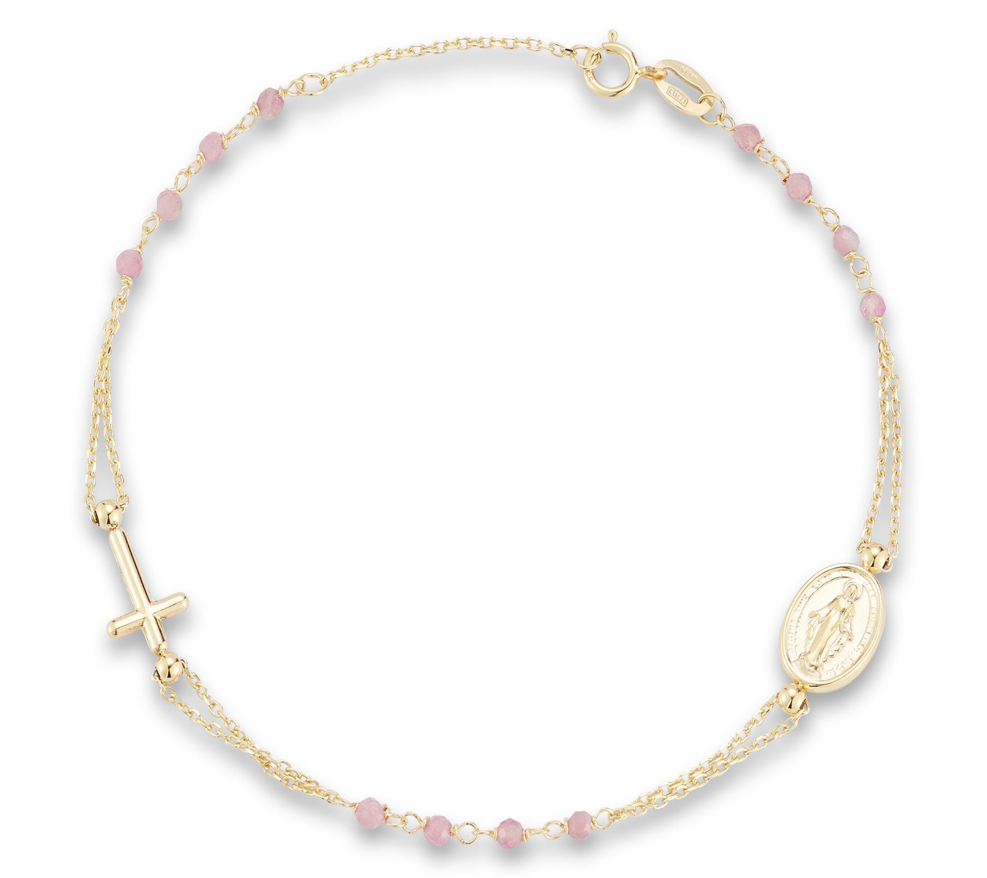 Italian Gold Rose Quartz Cross & Mother Mary Bracelet, 14K