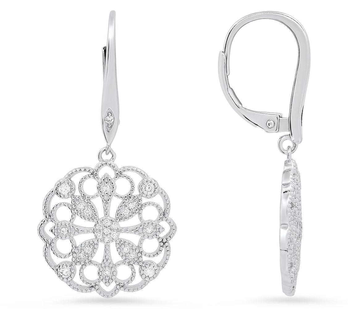 Diamonique Vintage Floral Leverback Earrings, Sterling Silver