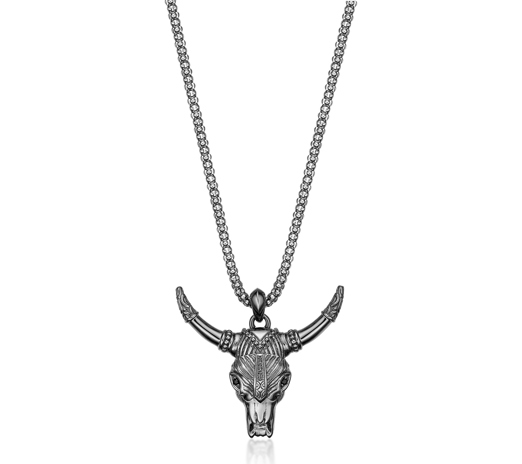LYNX Men's Sterling Black Spinel Bull Skull Pendant w/ Chain