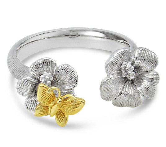 Ariva Sterling Silver Flower & Butterfly Cuff Ring