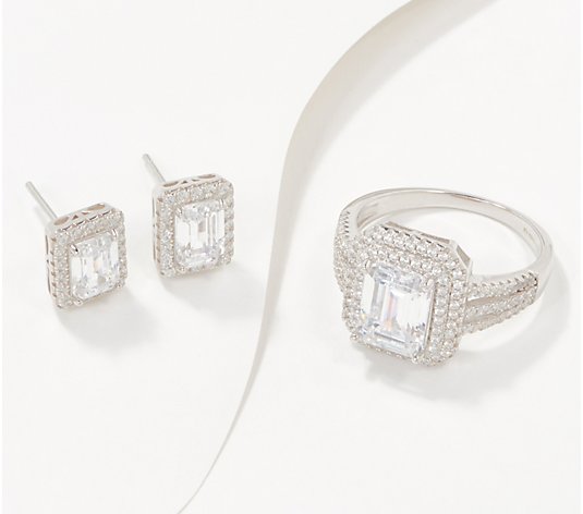 Diamonique Bridal Ring & Earrings Set, Sterling Silver Boxed