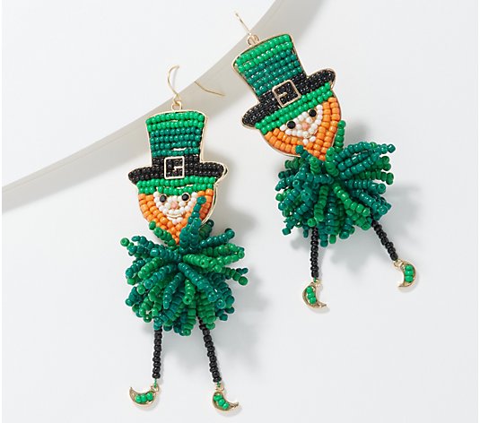Leprechaun Beaded Pom-Pom Fashion Earrings