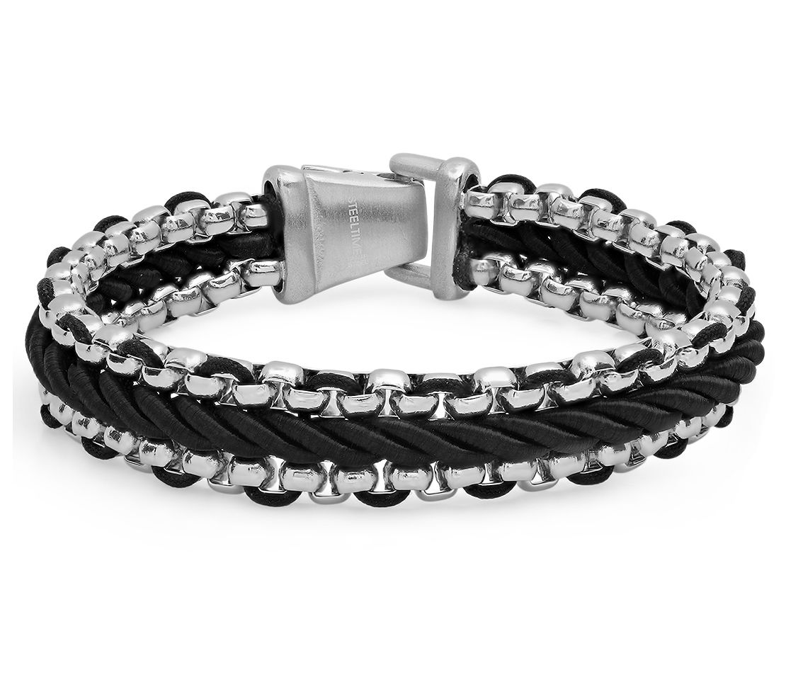Steel by Design Stainless Steel Black Leath er Bracelet