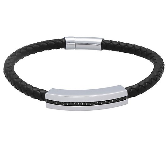 Men's Black Diamond Braided Leather Bracelet, Sterling Silver