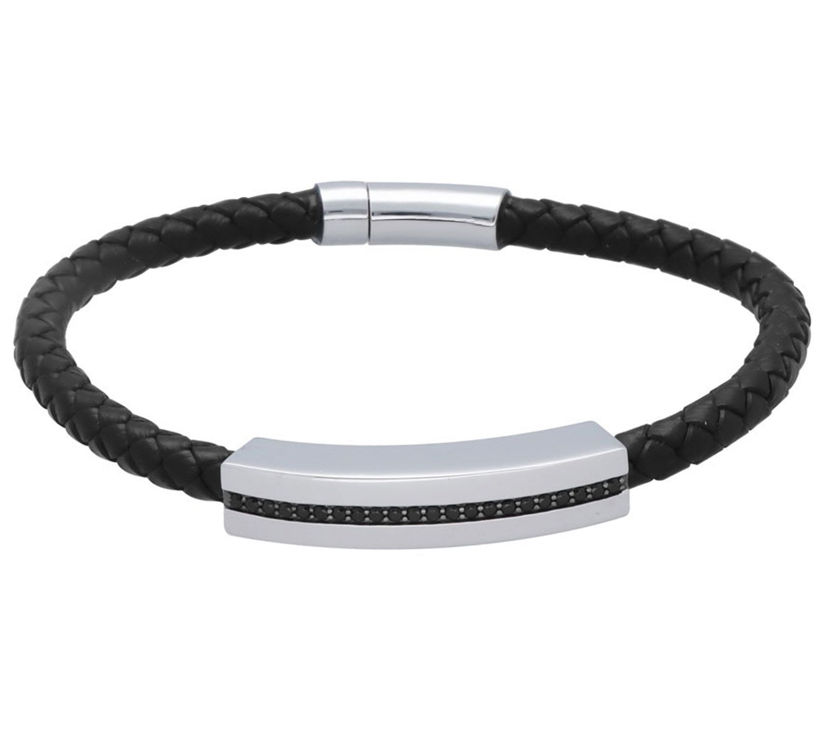 Men's Black Diamond Braided Leather Bracelet, Serling Silver