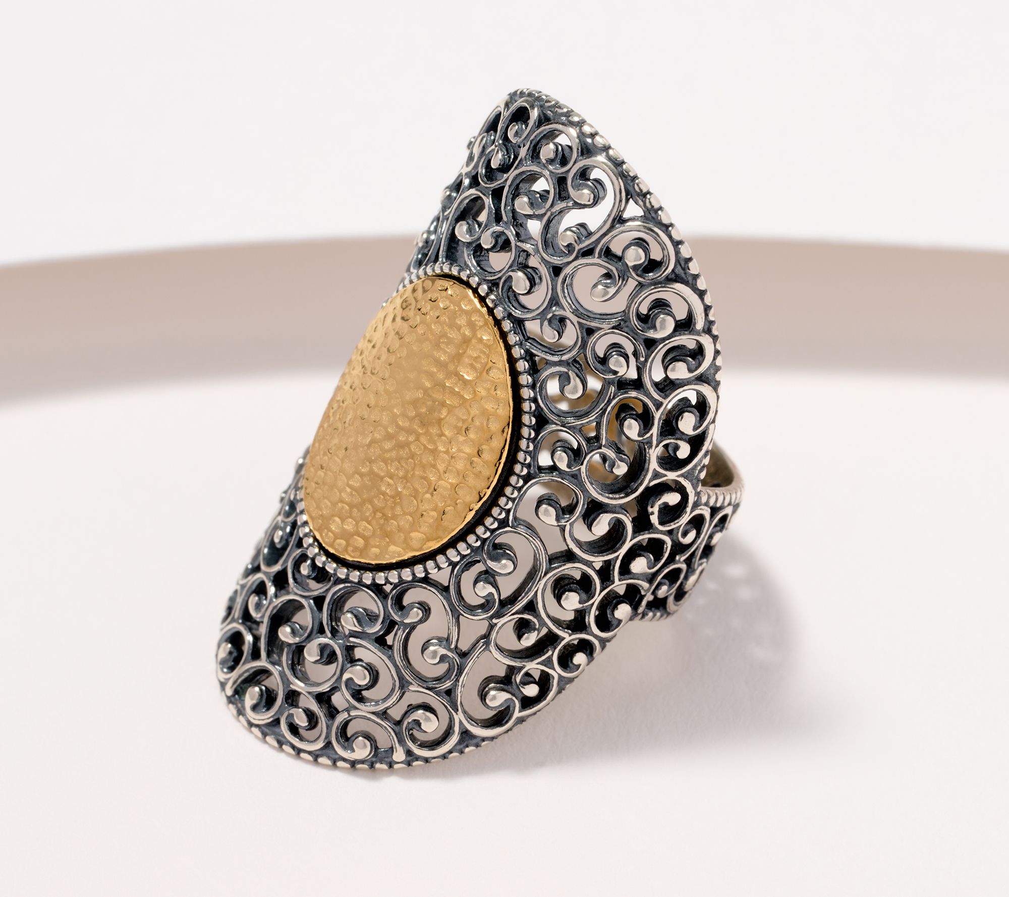 Or Paz Sterling Silver Oval Hammered & Lace Detail Elongated Ring