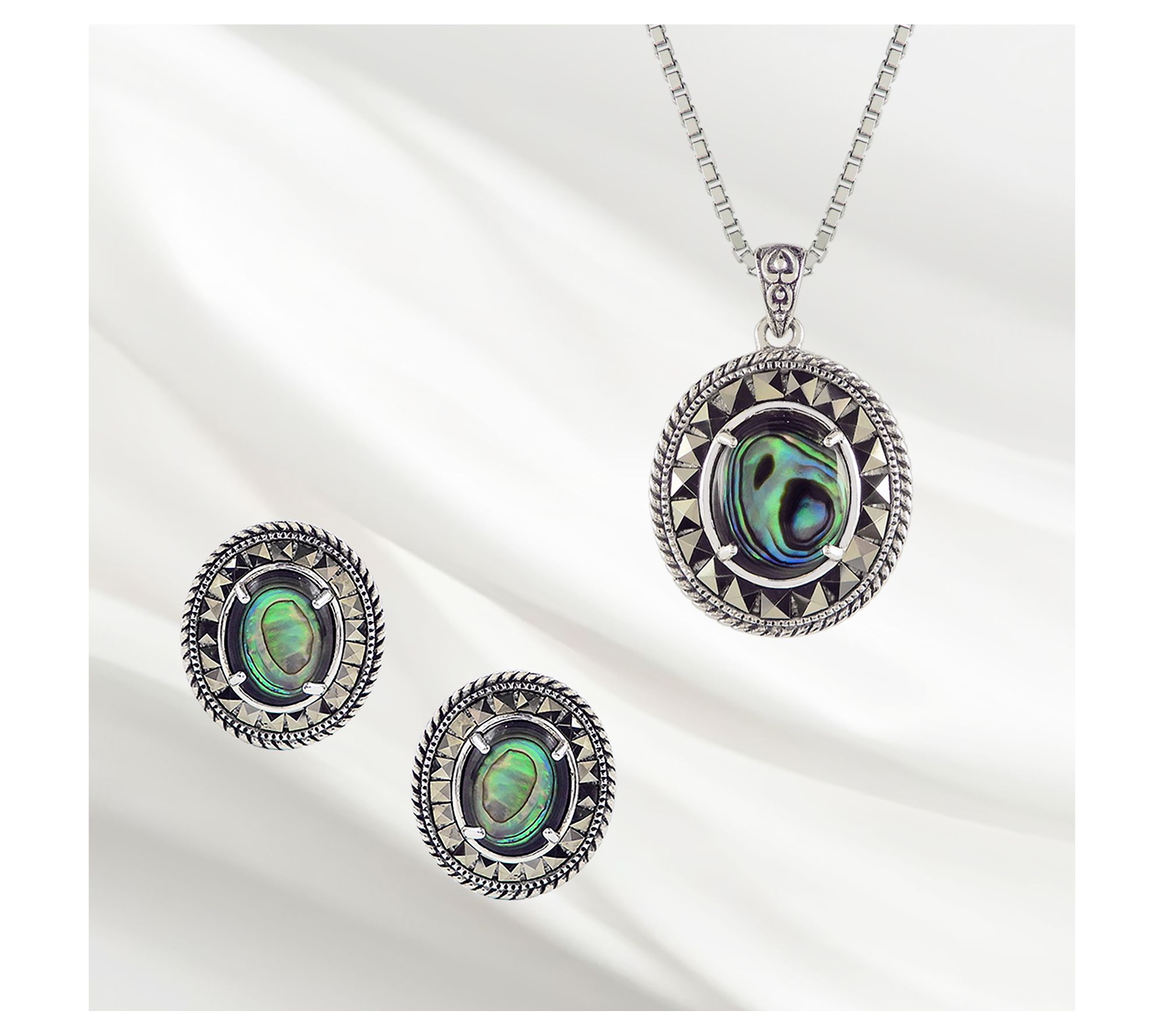 Suspicion Sterling Silver Abalone & Marcasite Omega Earrings