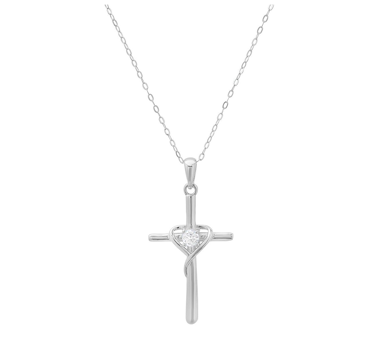 Diamonique Heart Cross w/ Chain, Sterling Silver
