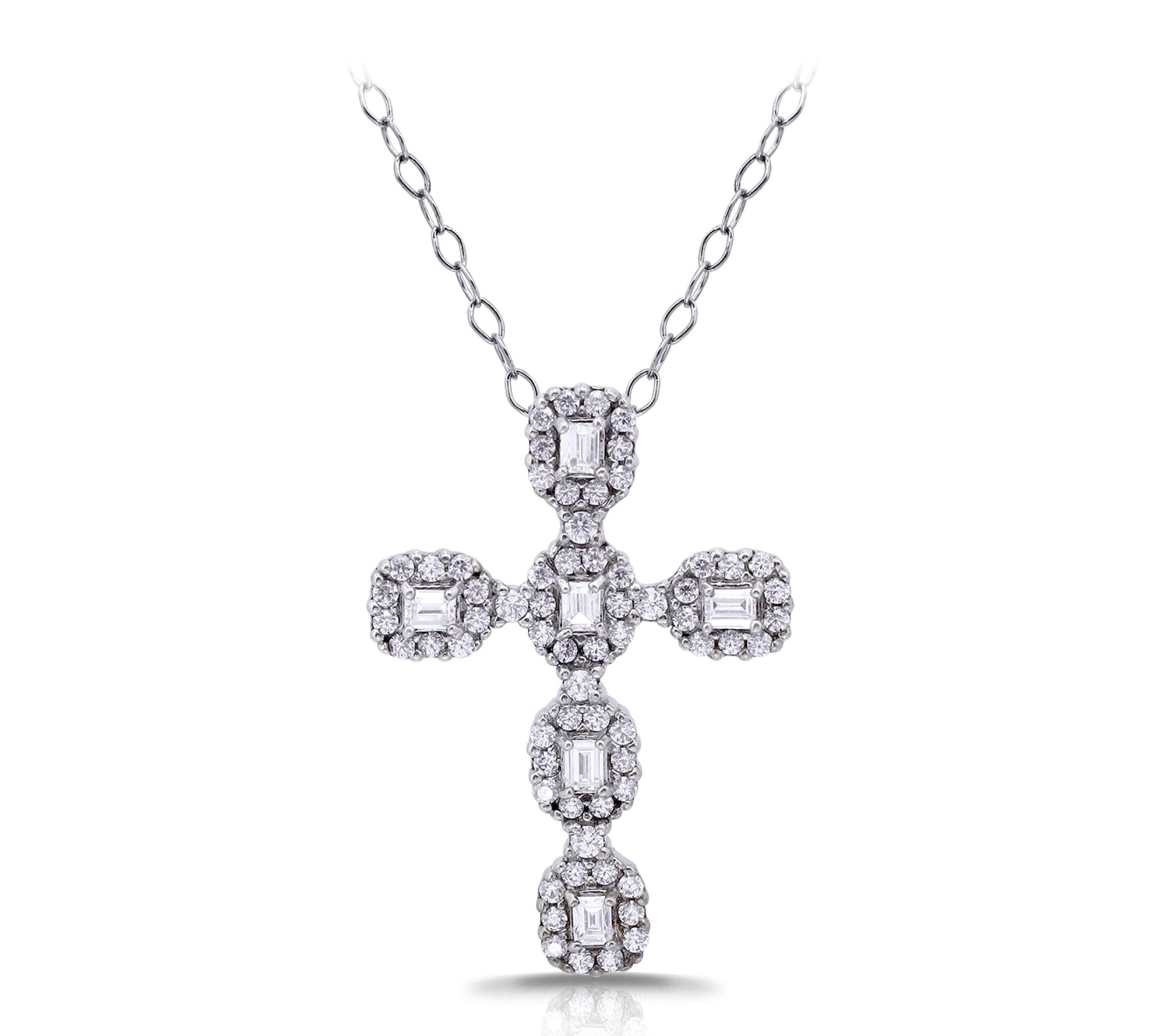 Diamonique Baguette Cross Pendant w/ Chain, Sterling  Silver