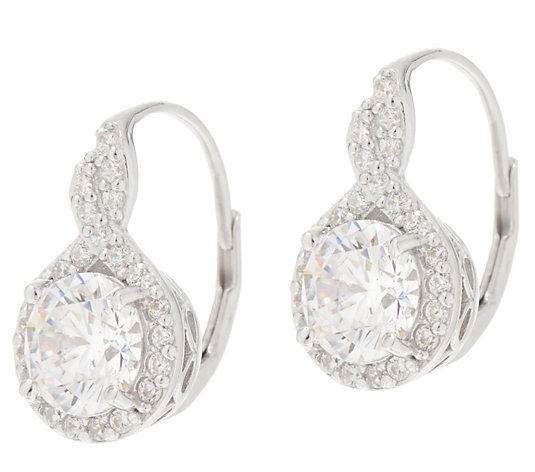 Diamonique Round Halo Lever Back Earrings, Sterling Silver