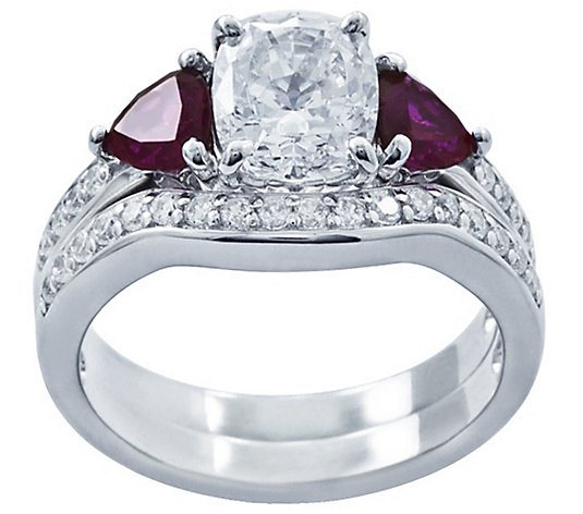 Diamonique & Simulated Gemstone Bridal Ring Set,Platinum Clad