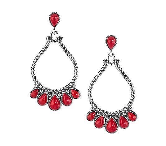 American West Sterling Red Coral Large Pear Shaped Earrings