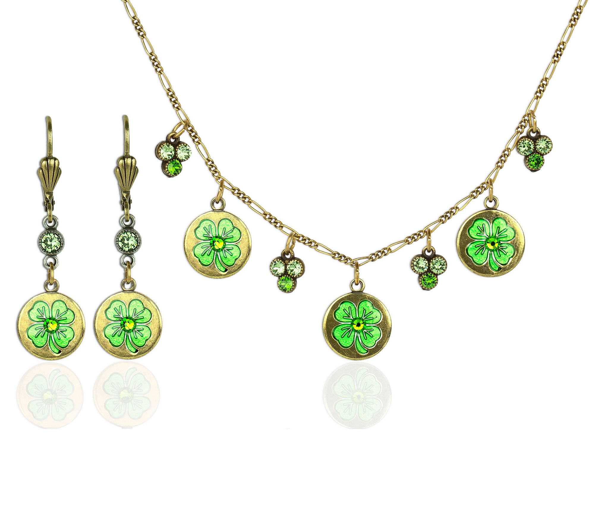 Anne Koplik Crystal Clover Coin Necklace w/Earrings
