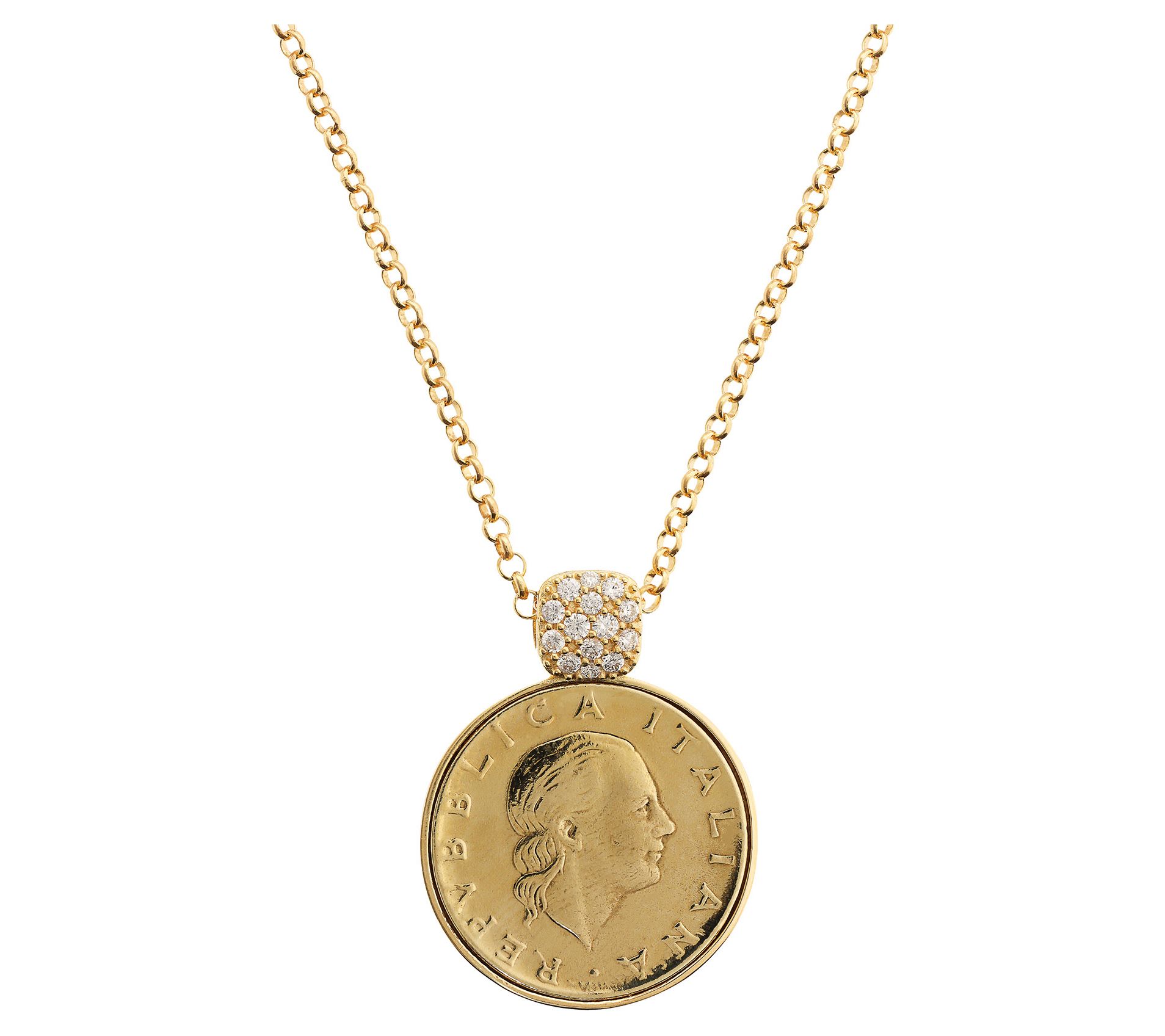 Diamonique Italia 200 Lire Coin Pendant w/ Chain, Sterling