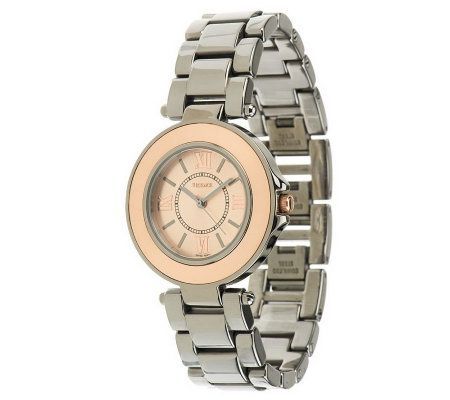 Italian Gold Round Case Ceramic Link Watch, 14KGold