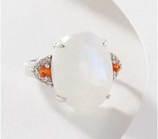 Affinity Gems Oval Rainbow Moonstone and Fire Opal Ring, Sterling Silver
