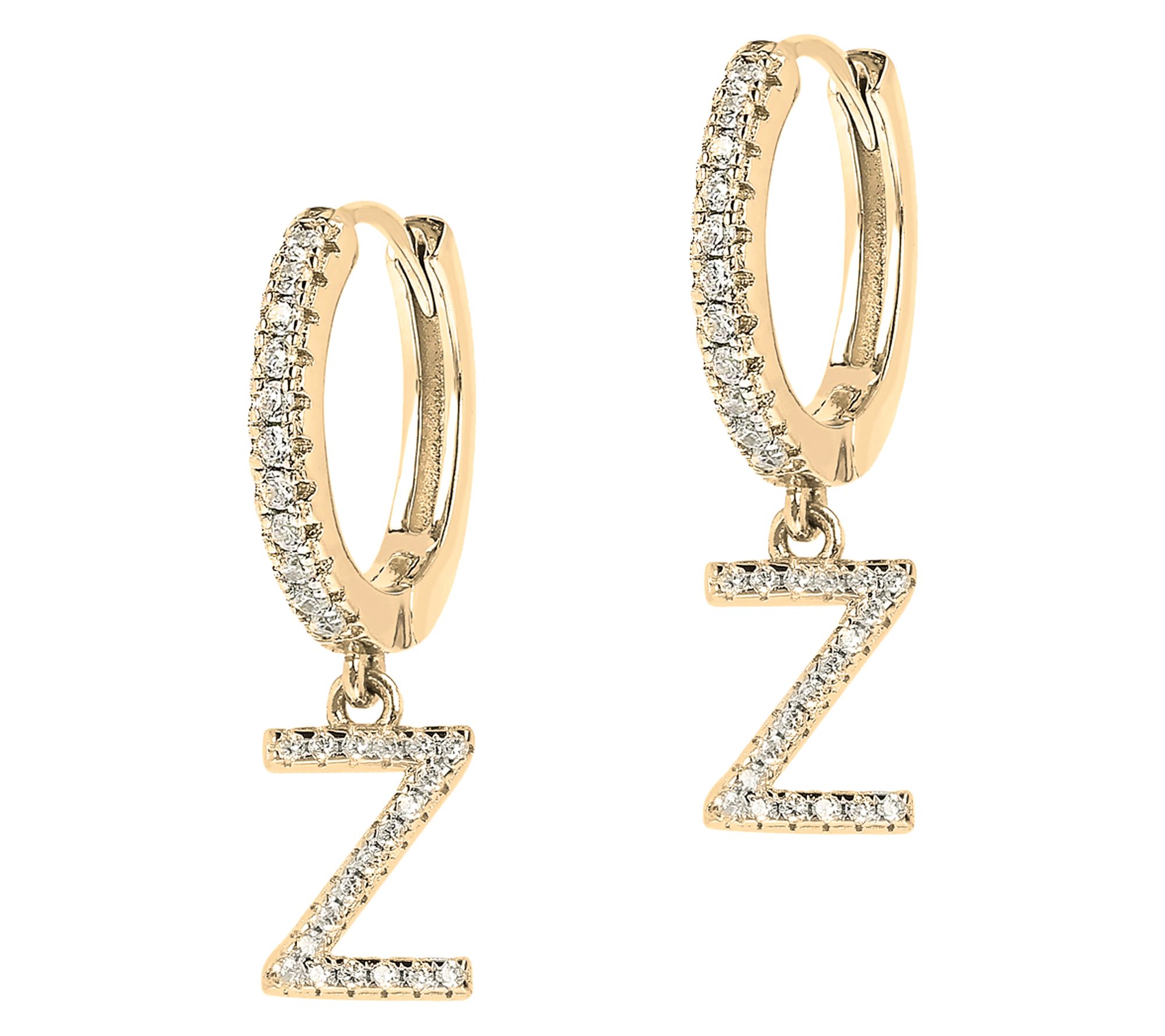 Diamonique Pave Initial Hoop Earrings, 14K GoldPlated