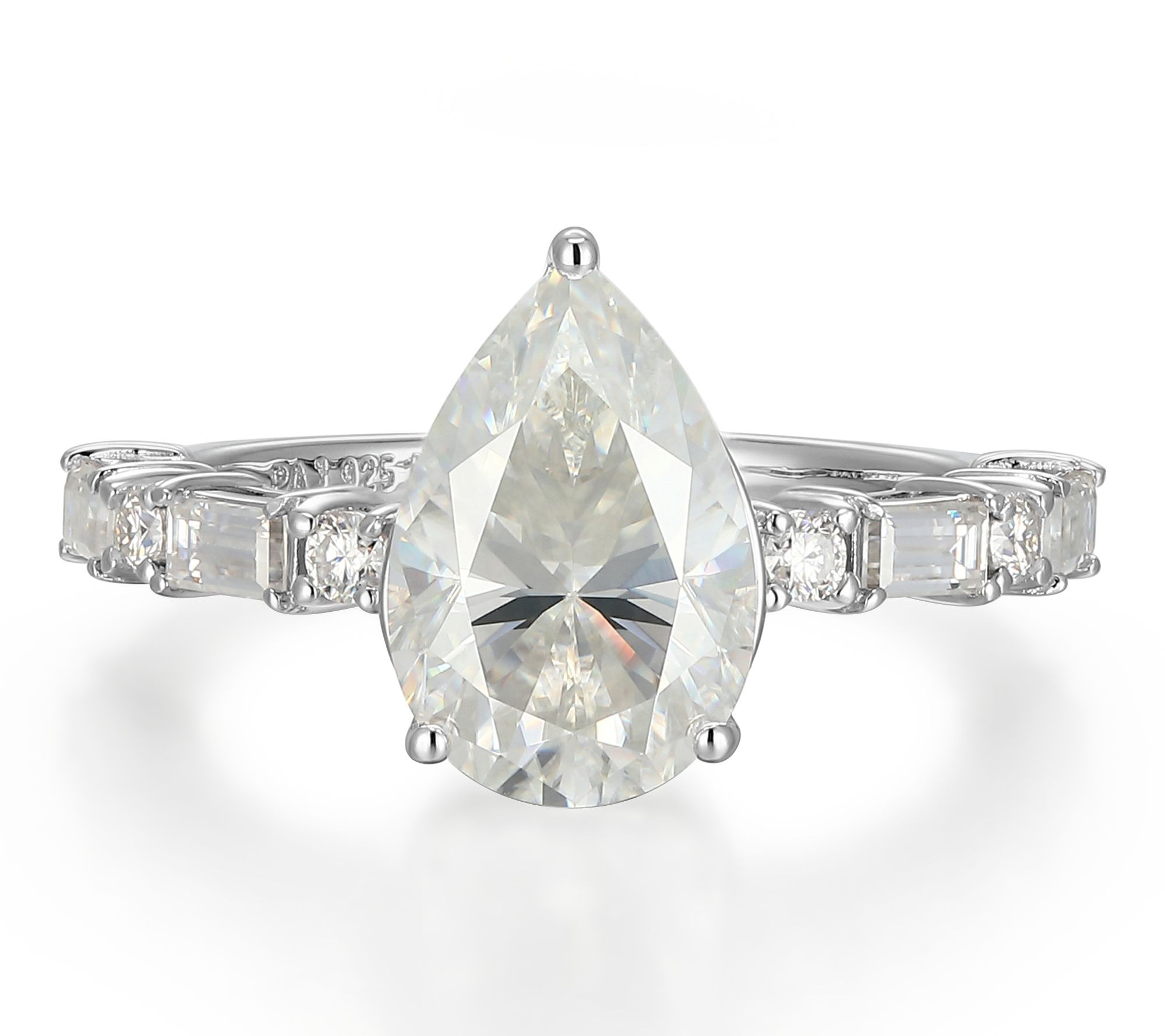 Moissanite 3.90 cttw Pear & Baguette Ring, Sterling Silver
